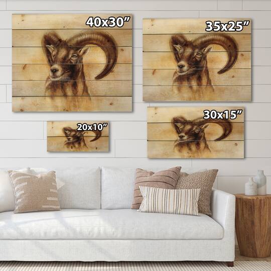 Designart - Portrait of Wild Ram With Mighty Horns I - Modern Print on Natural Pine Wood